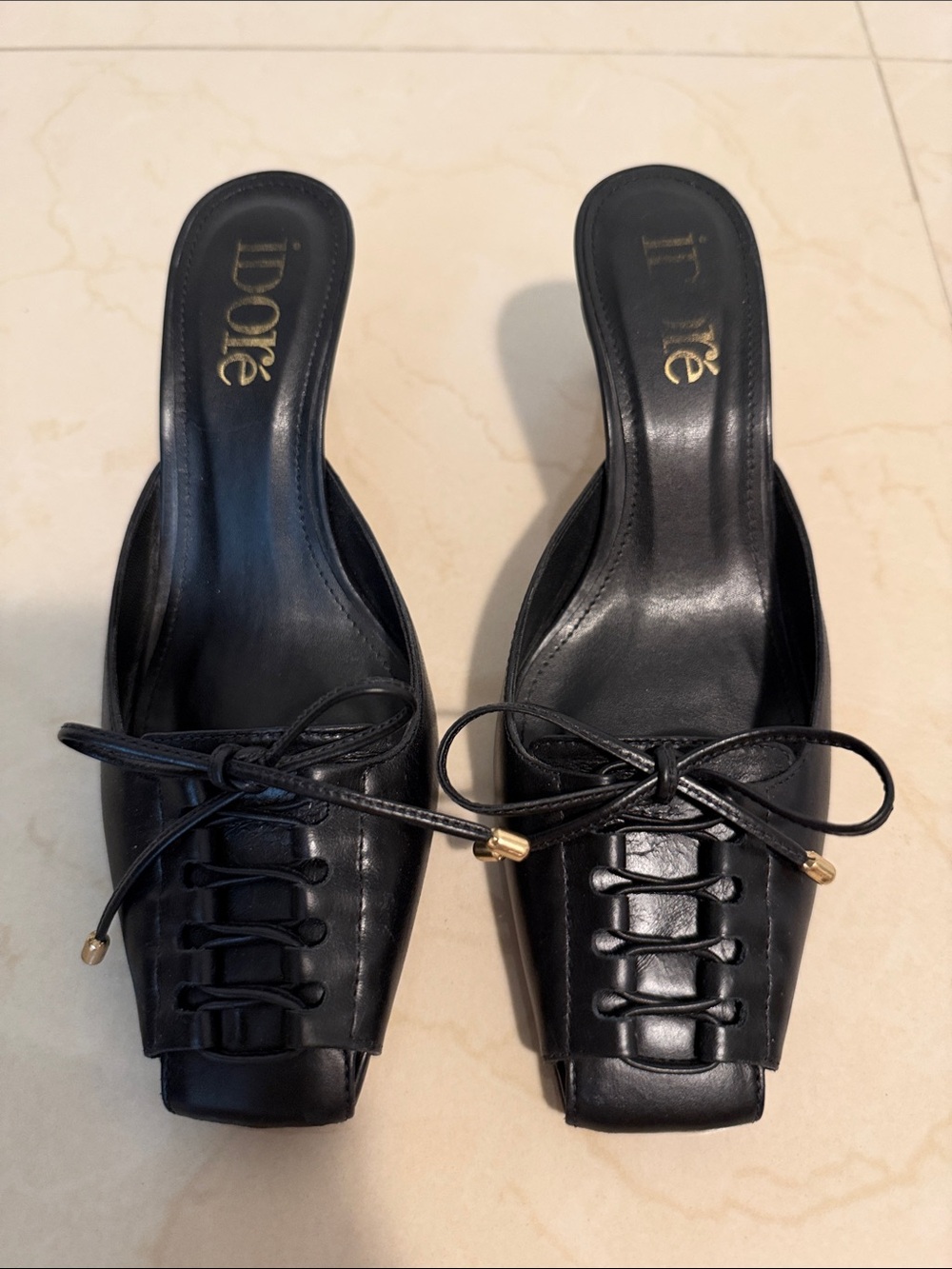 Black Leather Lace-Front Mule Heels
